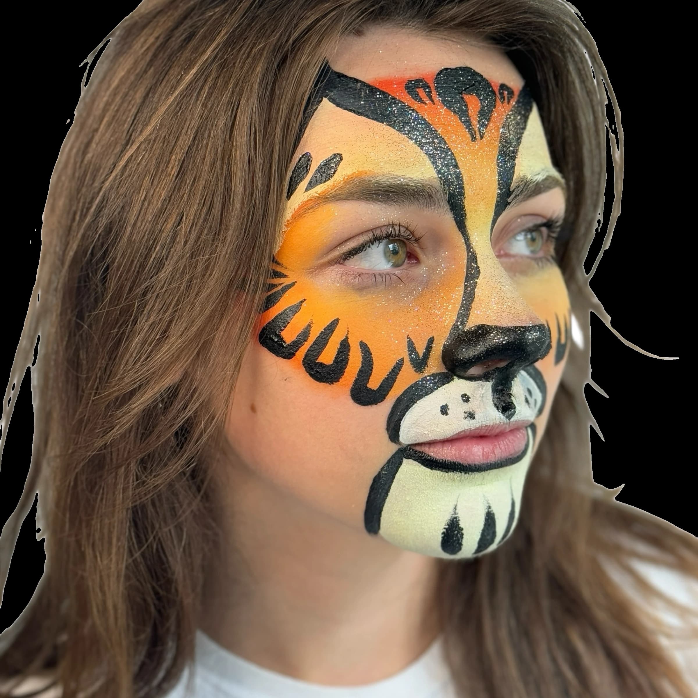 Detailed orange, cream, and black tiger face painting.