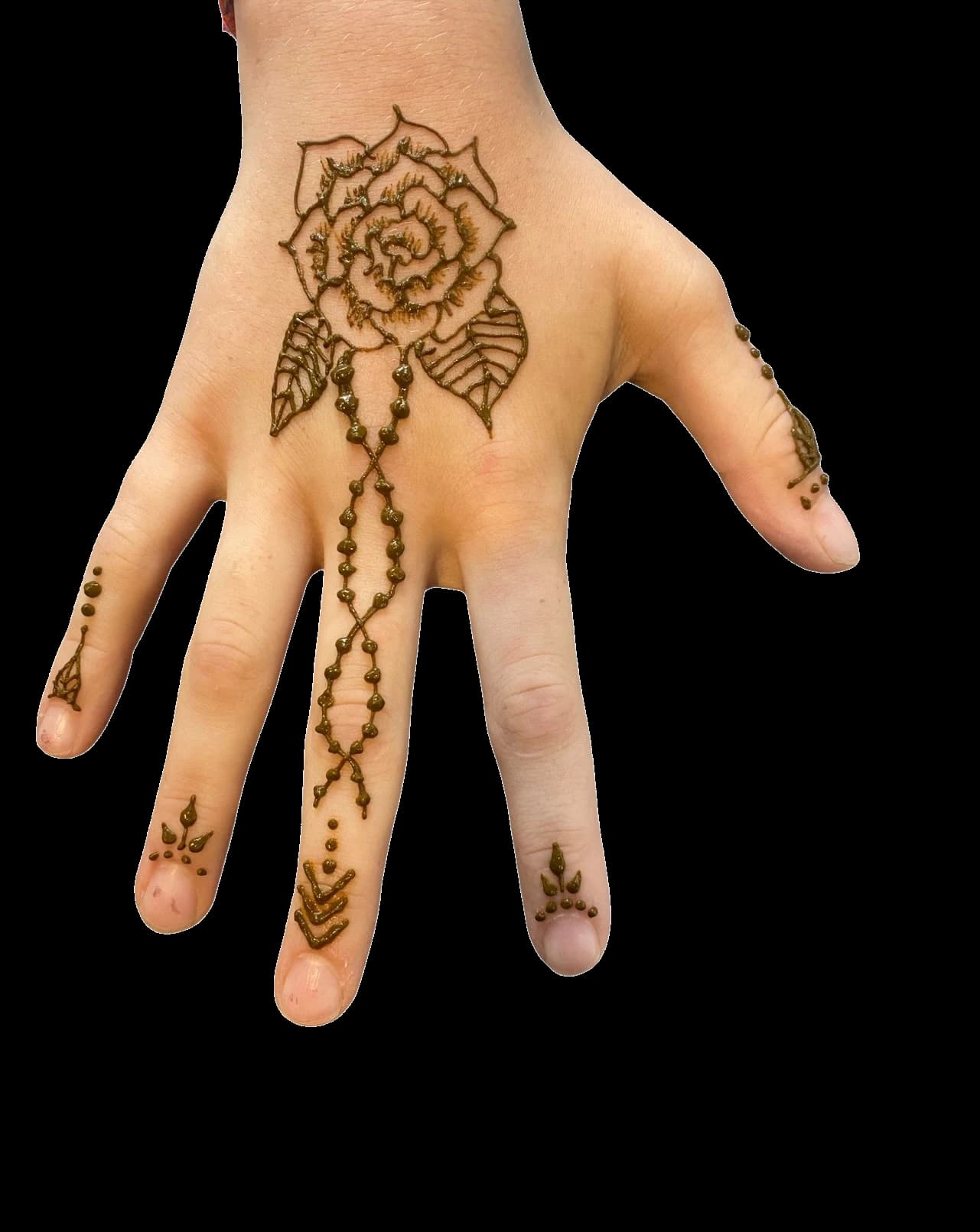 Floral henna design with a snail and flowing botanical details across a hand.