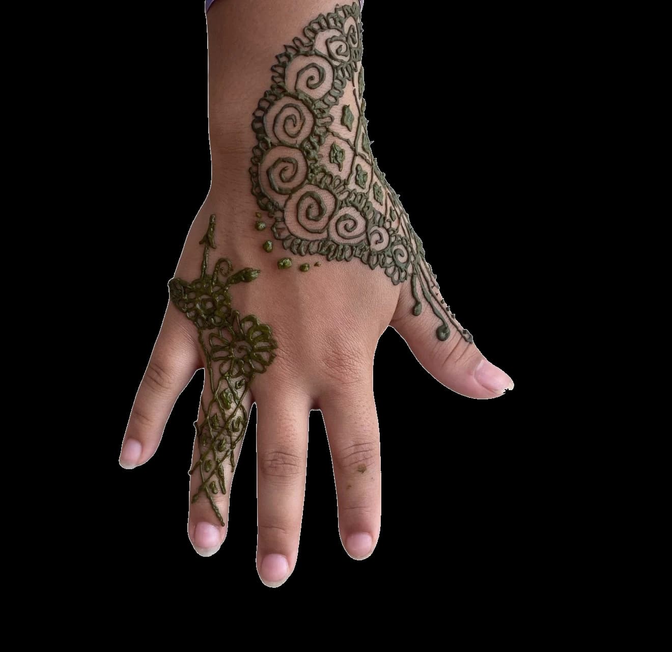 Geometric and floral henna design across a hand and wrist.