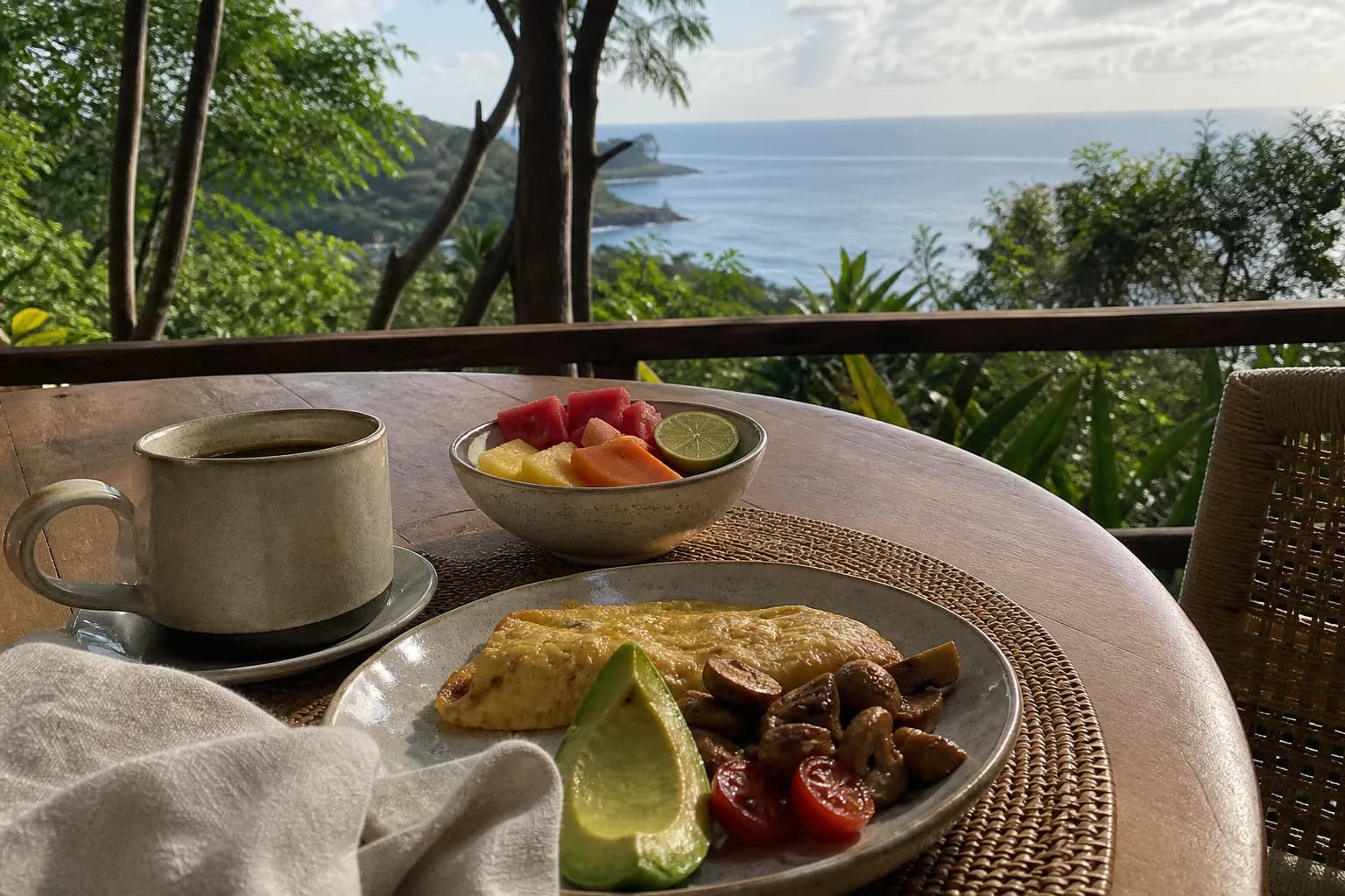 Resort breakfast on an open-air terrace overlooking the coast.